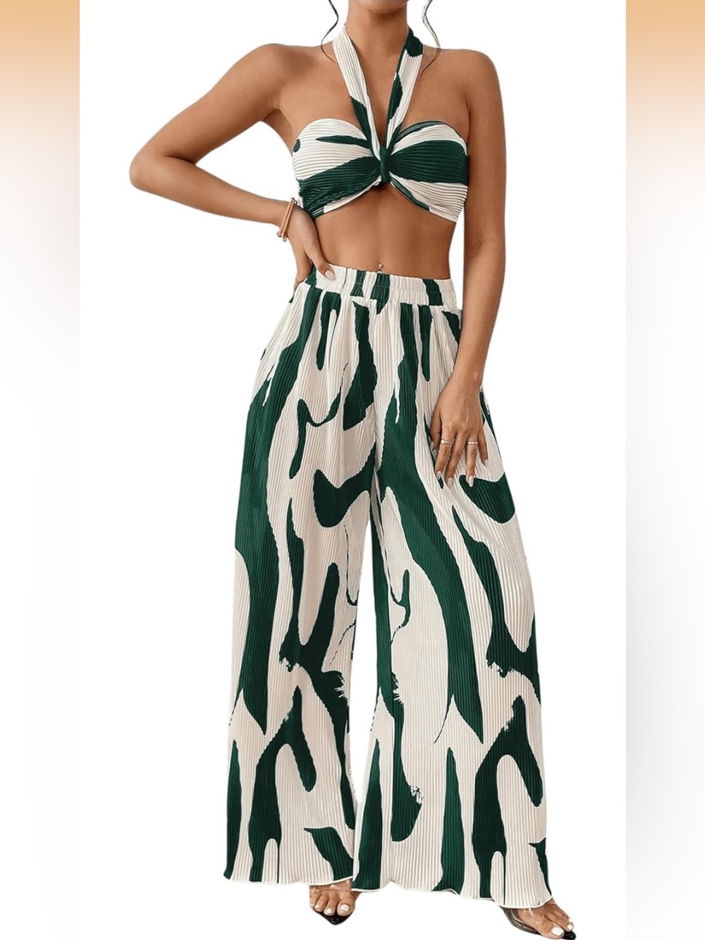 2 Piece Wide Leg Print Pants Green White Halter Crop Top
